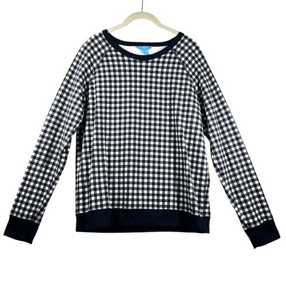 Draper James Natalie Sweatshirt Women's Large Navy Gingham Check Cotton Crew - Picture 1 of 7
